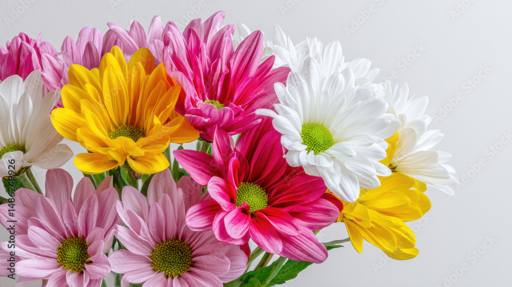 Obraz premium A vibrant and colorful bouquet of daisies featu pink, white, and yellow petals is beautifully arranged against a clean, bright backdrop, showcasing freshness.