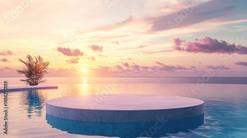 Luxury Podium Stand in Clear Swimming Pool Water with Breathtaking Sea and Sunset View. Tropical Summer Background for Product Display, Hotel Resort Poolside Showcase, and Elegant Design Presentation