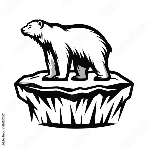 Monochrome Polar Bear Standing on Iceberg, Strong Silhouette on White Background, Arctic Wildlife