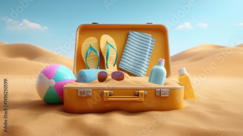 Colorful summer vacation essentials in an open suitcase on a sandy beach