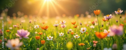 A gentle springtime breeze dances through a field of wildflowers, bending delicate stems and scattering petals The sun shines warmly, casting long shadows across the landscape , botanical, light