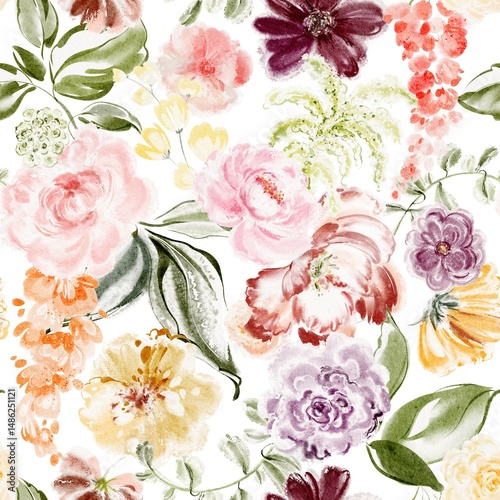 Hand-painted watercolor floral pattern with roses, peonies, and leaves. Seamless design for textile, wrapping paper, and digital use. Includes botanical elements and soft pastel colors.