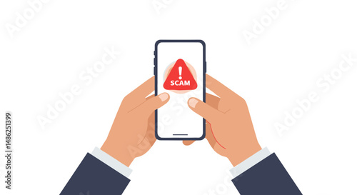 Hands holding smartphone displaying scam alert notification  