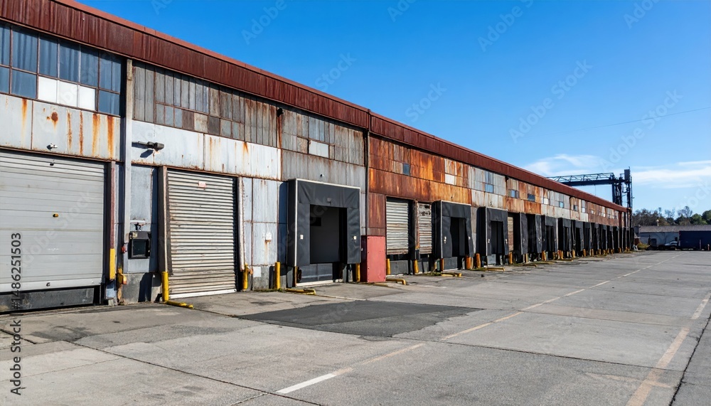 Fototapeta premium Rusty Logistics Hub with Packing Stations Under Harsh Midday Sun