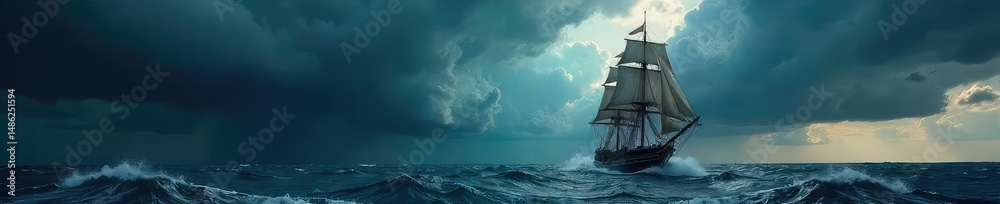 Fototapeta premium A majestic sailing ship battles ferocious storm clouds on a turbulent sea The dark sky and crashing waves create a dramatic scene of nature's power , adventure, storm at sea