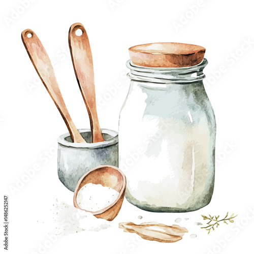 watercolor vector of Set Of Measuring Spoons And A Flour Jar, high quality, isolated on a white background.