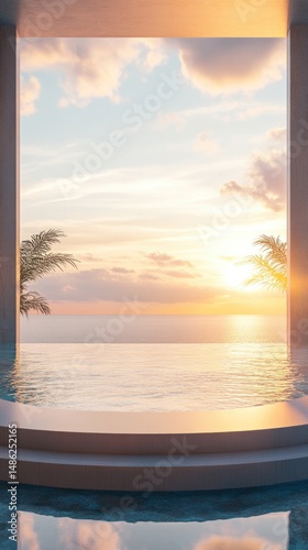 Luxury Podium Stand in Clear Swimming Pool Water with Breathtaking Sea and Sunset View. Tropical Summer Background for Product Display, Hotel Resort Poolside Showcase, and Elegant Design Presentation