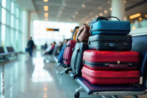 A neatly stacked pile of various suitcases and travel bags sits on a luggage rack in a bright, modern airport terminal waiting area, ready for convenient storage , packing, carry-on, airline