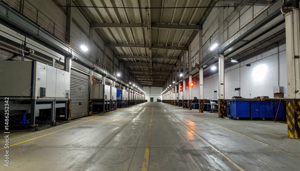 Obraz premium Nighttime View of an Empty Refrigerated Warehouse with Flickering Lights