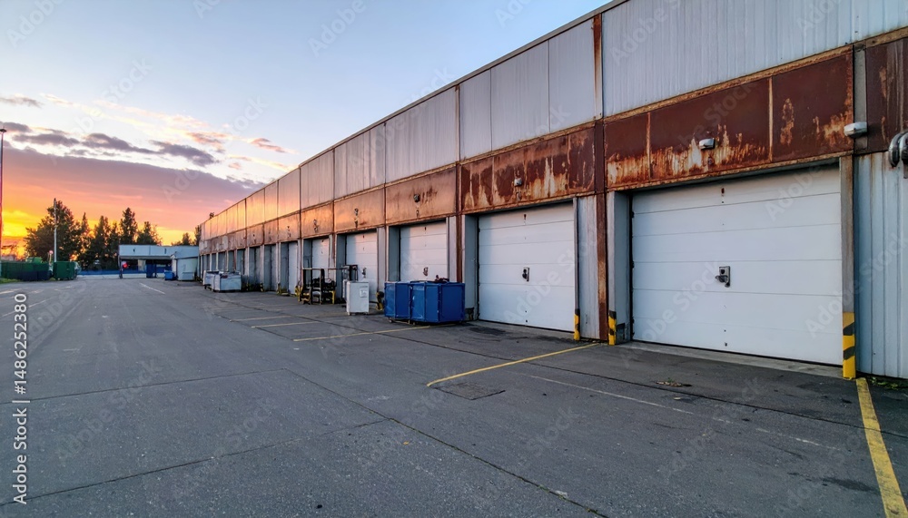 Obraz premium Rusty Refrigerated Warehouse at Dawn with Empty Packaging Machines