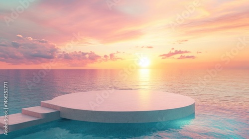 Luxury Podium Stand in Clear Swimming Pool Water with Breathtaking Sea and Sunset View. Tropical Summer Background for Product Display, Hotel Resort Poolside Showcase, and Elegant Design Presentation