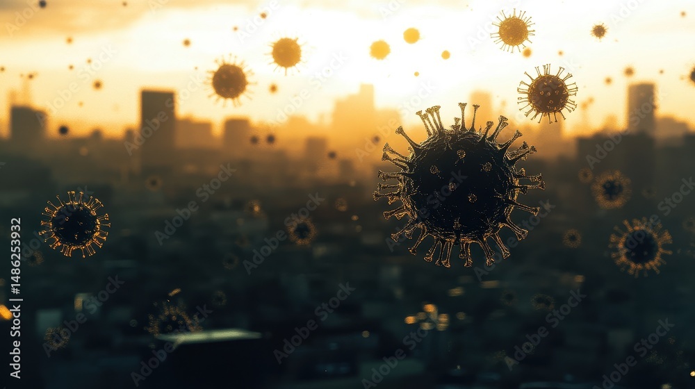 Obraz premium Virus forms in the air, covid, health risk and pandemic visual metaphor. 