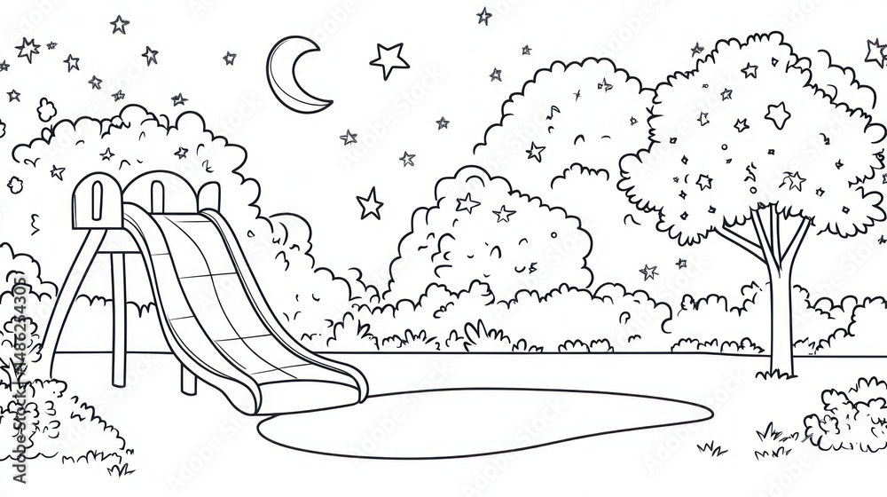 Obraz premium Night playground, black and white drawing, kids play