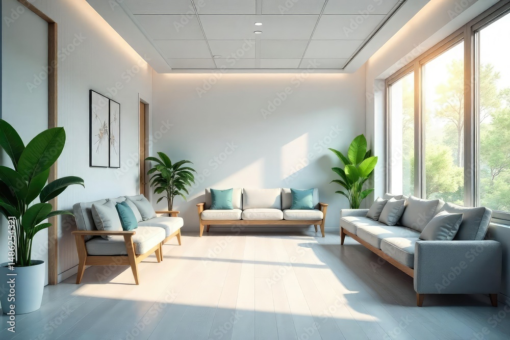 Fototapeta premium Modern, bright doctor's surgery waiting area with comfortable seating and calming decor , health, design, office