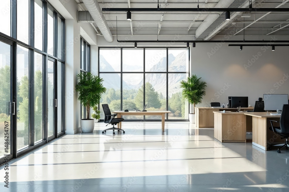 Fototapeta premium Modern minimalist office interior with large windows, sleek furniture, and natural light, ideal for corporate or startup settings , design, open plan