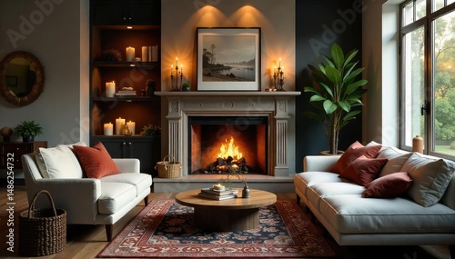 Cozy living room fireplace scene with soft lighting and comfortable seating, perfect for relaxation and tranquility , ambient light, relaxing