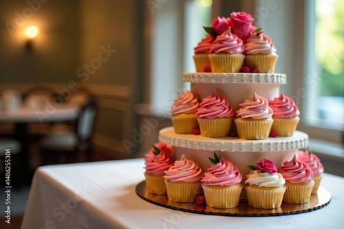 Elegant cupcake wedding cake tower, tiered display, dessert, sophisticated photo