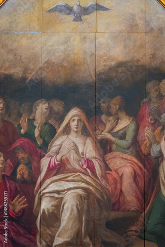 Painting (19th century) of Pentecost Sunday: The Holy Spirit Comes and descending on disciples as Tongues of Fire.