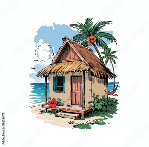 vintage small hut tropical island. Hand drawn sketch, vector 