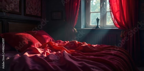 Mysterious, dimly lit boudoir scene; luxurious fabrics, silk sheets, and alluring shadows create a captivating atmosphere of intrigue and desire , provocative, sheets