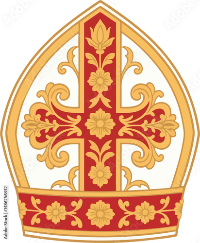 Ornate Papal Mitre with Golden Floral Cross – Vector Illustration of Catholic Bishop Hat for Religious and Ecclesiastical Design Projects