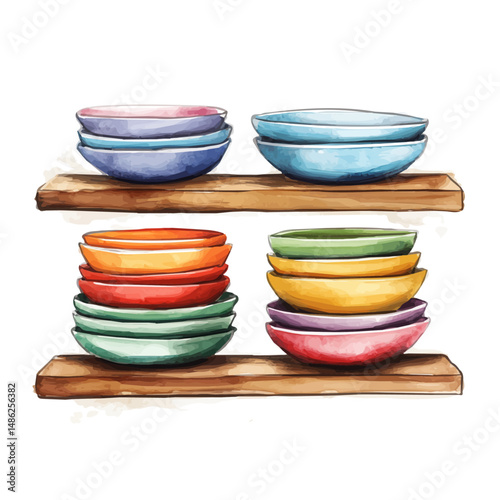 Set Of Colorful Plates Stacked Neatly On A Shelf, watercolor vector, high quality, isolated on a white background.