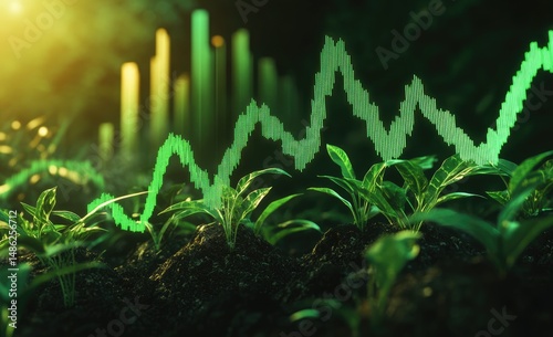 Growth chart overlaid on young plants in rich soil.  Green line graph tracing upward trend, indicating  success and prosperity.  Healthy seedlings symbolize  progress and sustainable future