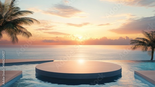 Luxury Podium Stand in Clear Swimming Pool Water with Breathtaking Sea and Sunset View. Tropical Summer Background for Product Display, Hotel Resort Poolside Showcase, and Elegant Design Presentation