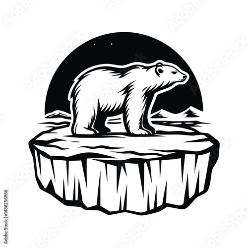 Polar Bear Silhouette on Iceberg with Snowy Landscape under the Night Sky Clipart