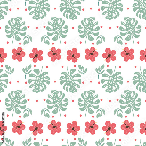 Monstera leaf and hibiscus pattern. Summer seamless background for wrapping paper, wallpaper, and surface design