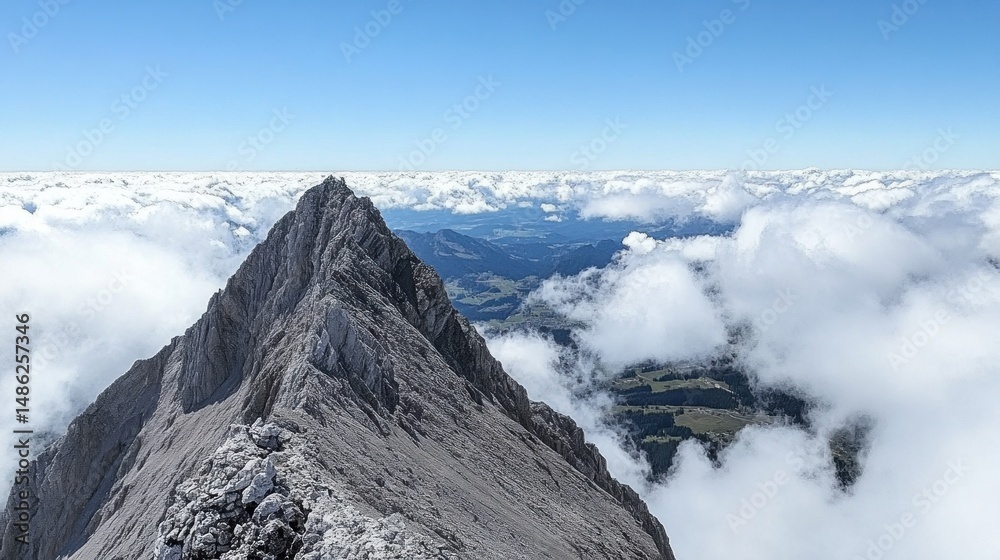 Fototapeta premium Mountain peak above cloudscape, alpine landscape, scenic view, travel photography