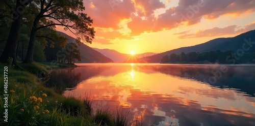Serene lakeside scene at sunset, perfect for relaxation and unwinding Tranquil water reflects the golden sky, creating a peaceful atmosphere Ideal for leisure time , water, peace, escape
