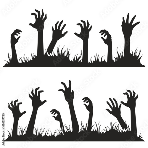 Two rows of black silhouettes showing zombie-like hands reaching up from the ground, surrounded by grass, on a white background.