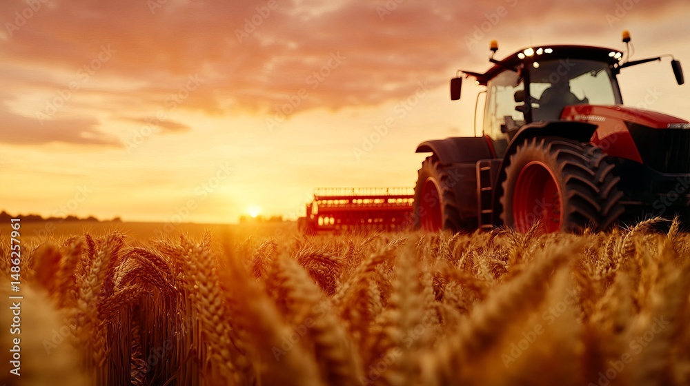 Fototapeta premium Tractor harvests wheat in a golden field at sunset with dramatic orange sky. - high quality Tractor harvests wheat in a golden field at sunset with dr