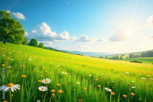 Golden sunlight bathes a vibrant green field, wildflowers dotting the landscape under a clear blue sky Perfect for summer, nature, or idyllic themes , clouds, golden, meadow