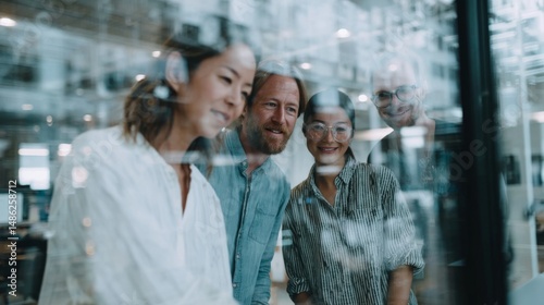 A diverse group of professionals works together in a modern office, their collaboration enhanced by a visually striking overlay of a futuristic city skyline