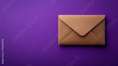 Brown paper envelope on vibrant purple background, minimal top view layout. photo
