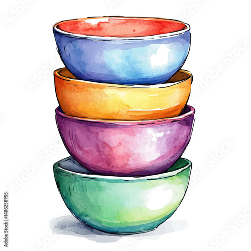 watercolor of Set Of Colorful Ceramic Bowls Stacked On A Counter, vector high quality, isolated on a white background.