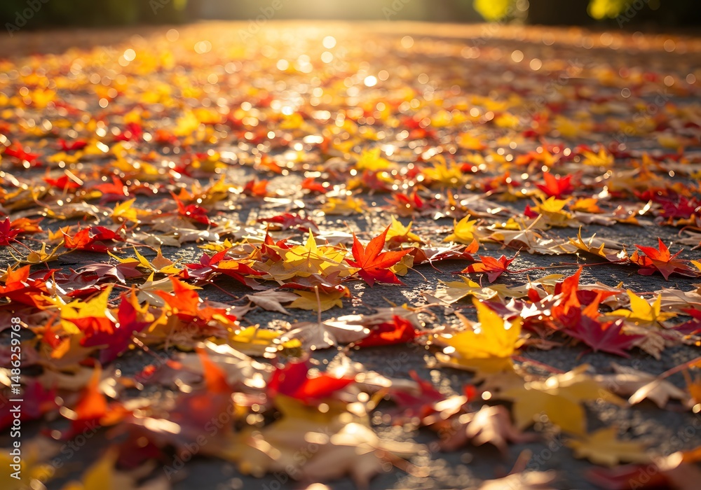 Fallen leaves in vibrant reds and yellows covering the ground. Fallen leaves in vibrant reds and yellows covering the ground.