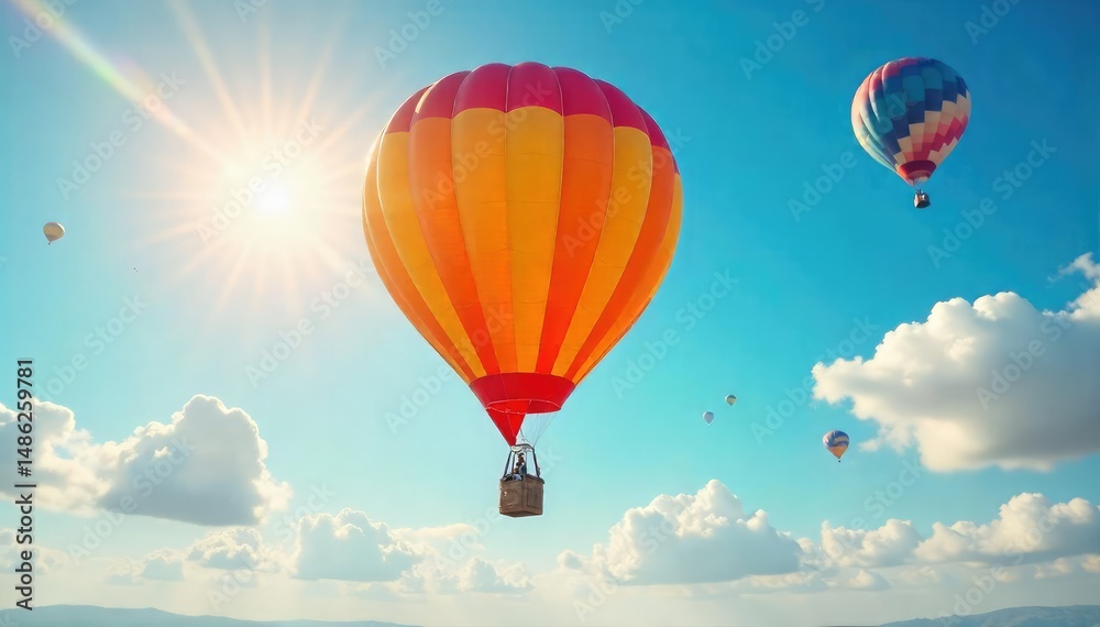 Naklejka premium Joyful hot air balloon ascension on a sunny birthday, vibrant colors, celebratory atmosphere , joy, travel