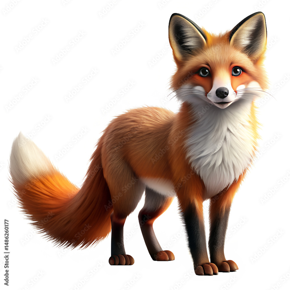 Fototapeta premium A stylized red fox with a bushy tail stands playfully on a white surface