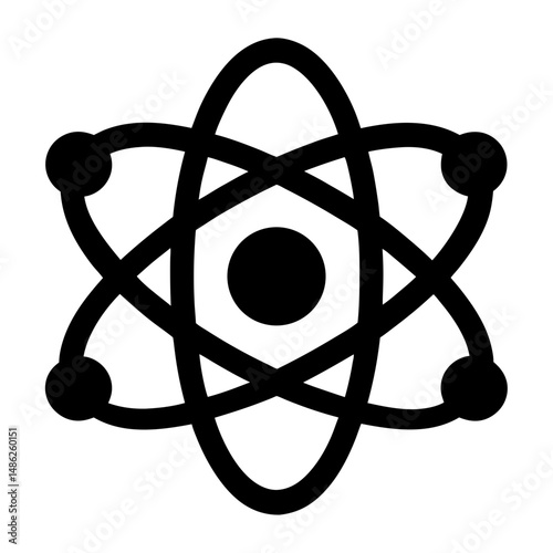Stylized atom symbol with electrons orbiting a central nucleus depicted in black