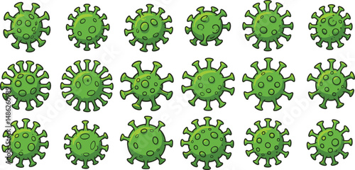 Green Virus Cartoon Vector Illustration Set – Isolated Pathogen, Bacteria, or Germ Icon for Medical, Health, and Infection Concepts