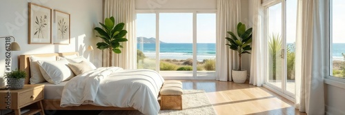 Sun-drenched California bedroom with white walls, large windows, and coastal decor Relaxing beach vibes, perfect for a tranquil escape Natural light illuminates the space , art, sheets