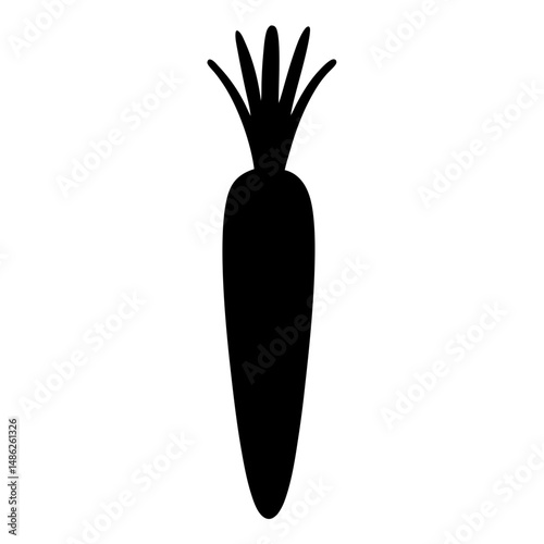 Simple Black Silhouette of a Carrot with Green Tops and Pointed Bottom