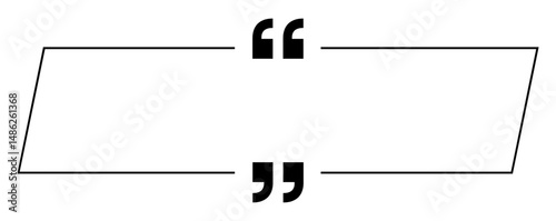 Diagonal speech balloon with rectangular shape, black offset outline and two quotation marks inside.