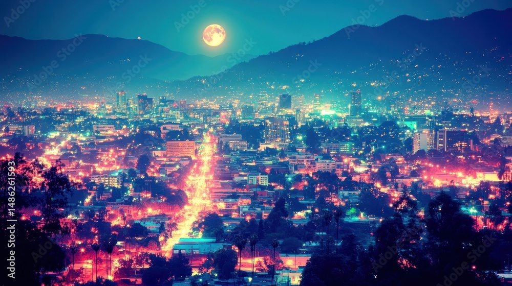 Fototapeta premium Night city lights, full moon, mountain backdrop