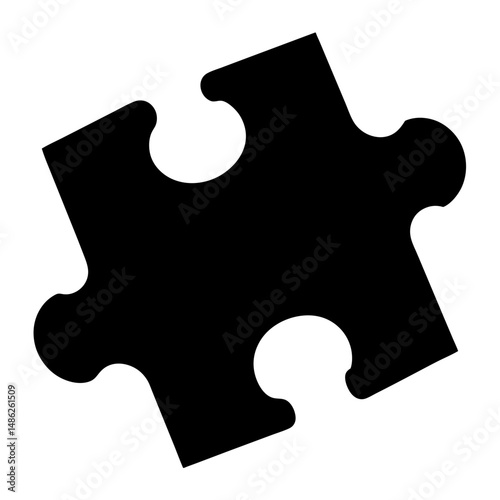 Single black jigsaw puzzle piece isolated on a plain white background