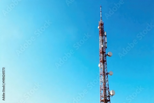 Tall broadcast tower against a clear blue sky Antennae and supporting structure visible , communication, broadcast tower, electronics