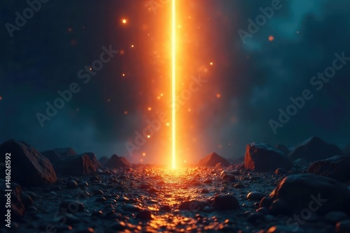 A single, brilliant beam of light pierces the darkness, illuminating a path forward, symbolizing hope and innovation; a concept of visionary light , glow, vision